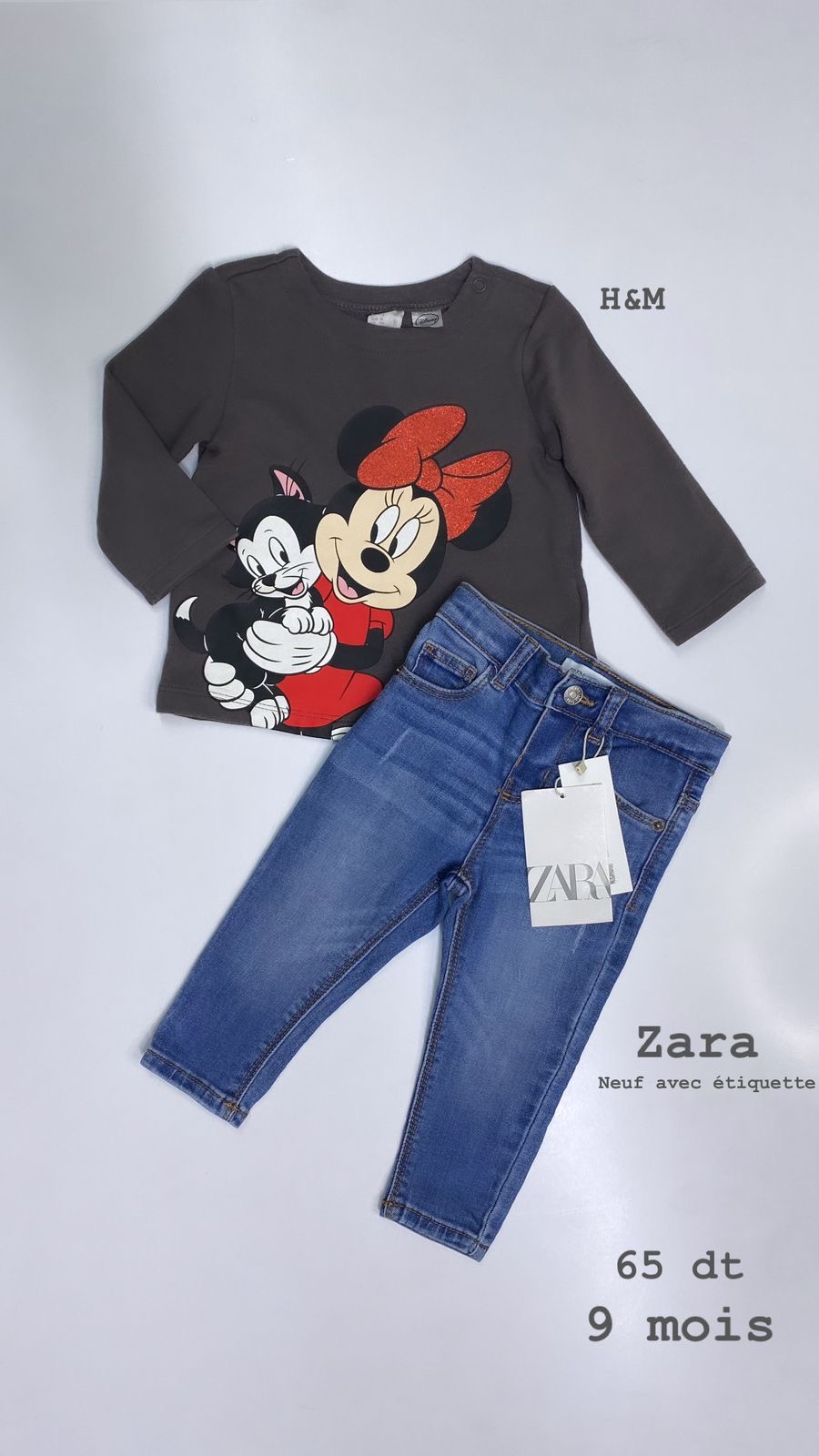 Tenue 9 mois sweat Minnie Mouse h&m avec jean Zara neuf avec étiquette
