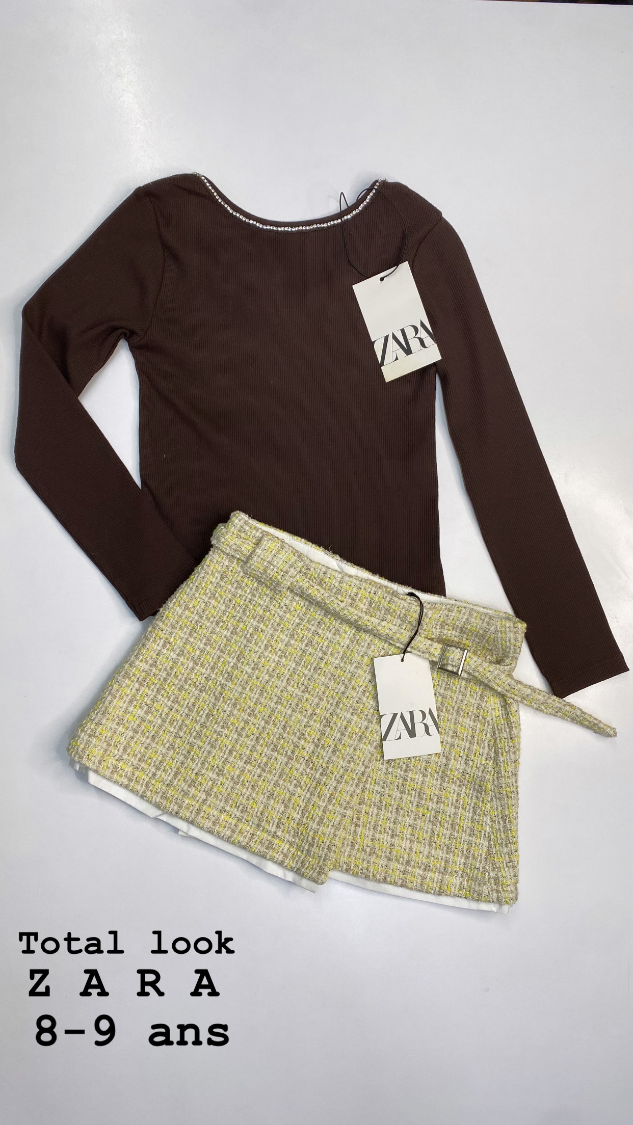 Tenue Aid 9 ans total look ZARA pull côtelé à strass 8-9 ans 131cm avec jupe porte-feuille à ceinture 9 ans 134cm