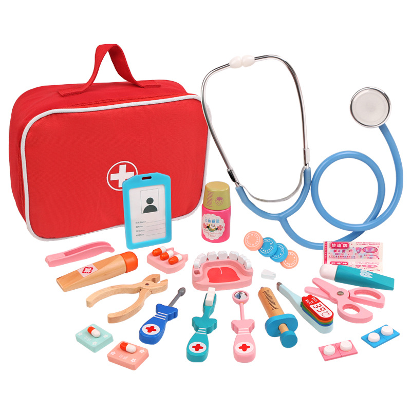 Superbe set dentiste jouet en bois avec blouse blanche et chapeau + stéthoscope et appareil pour tension