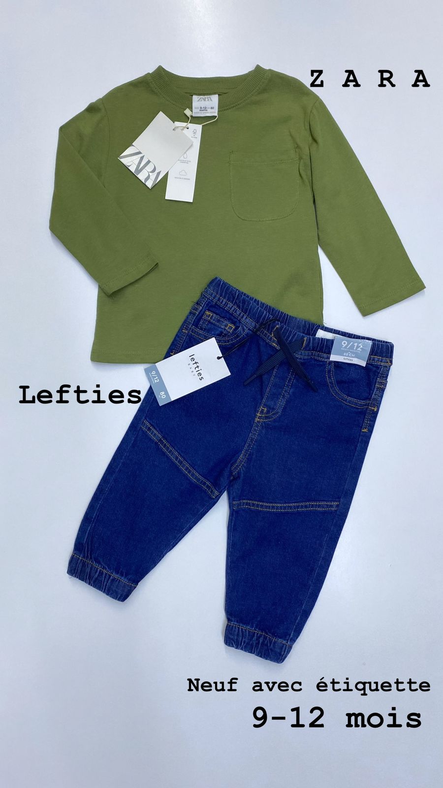 Tenue Aid 9-12 mois pull ZARA jean lefties