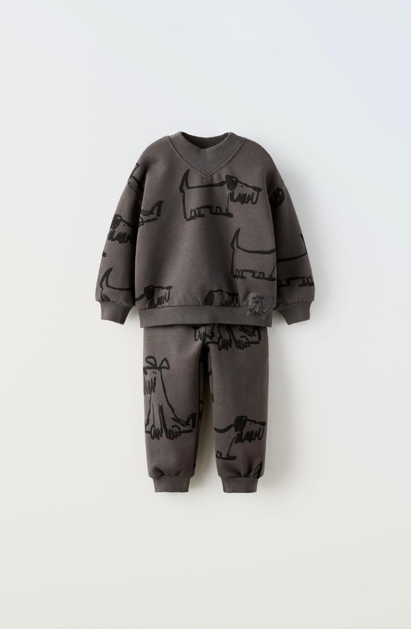 ENSEMBLE ZARA EN MOLLETON GRATTÉ SWEAT ET PANTALON CHIENS 9-12 mois