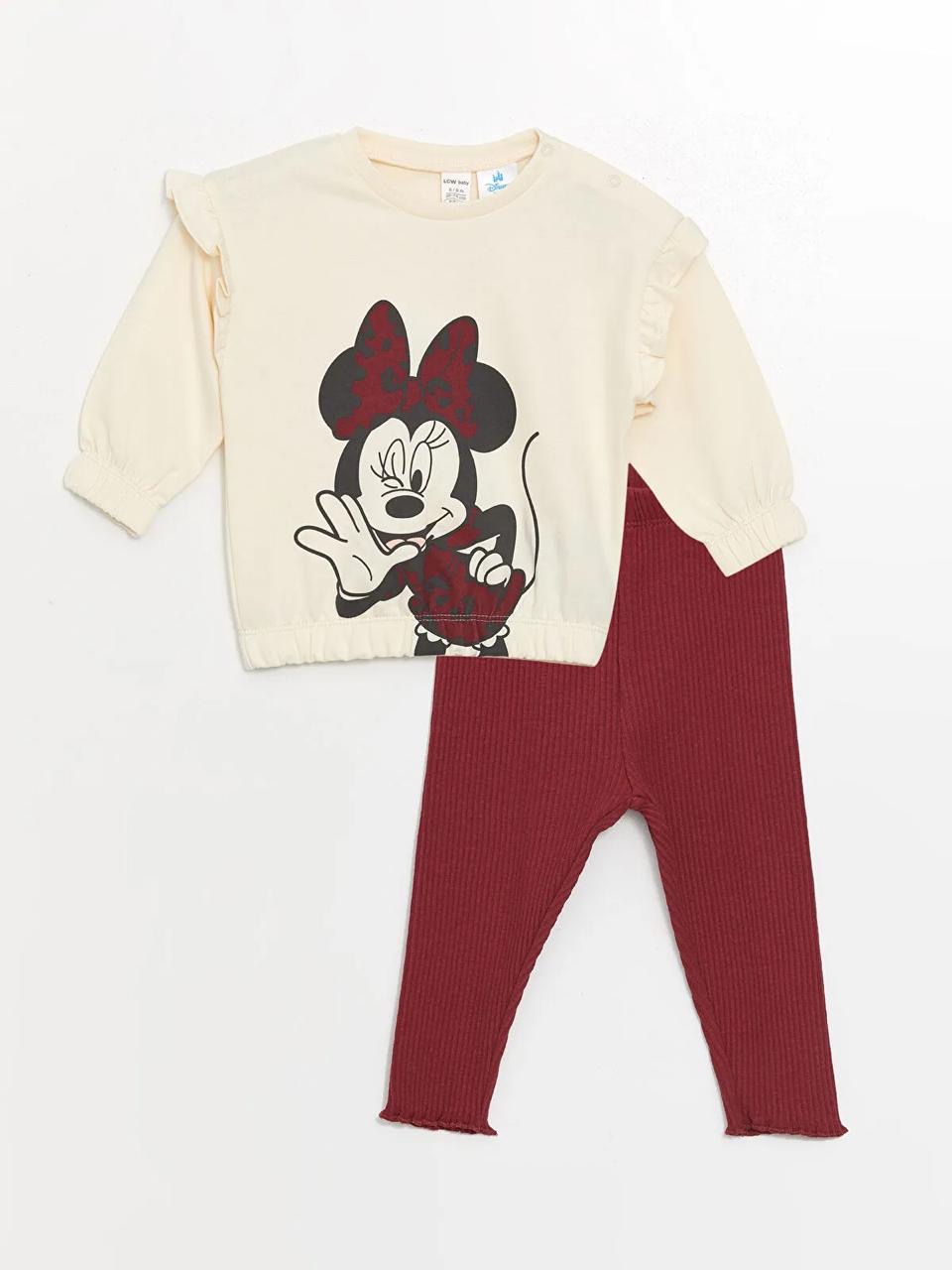 Ensemble tenue Lc Waikiki Minnie Mouse Sweat molletonné non gratté et leggings côtelés 6-9 mois