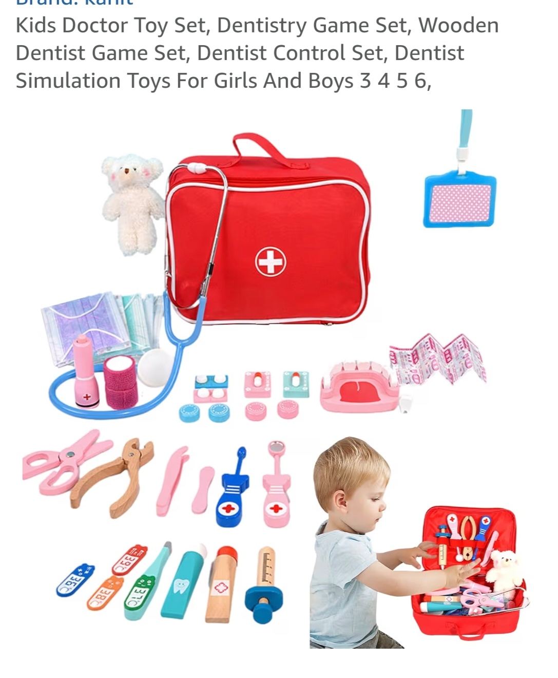 Superbe set dentiste jouet en bois avec blouse blanche et chapeau + stéthoscope et appareil pour tension