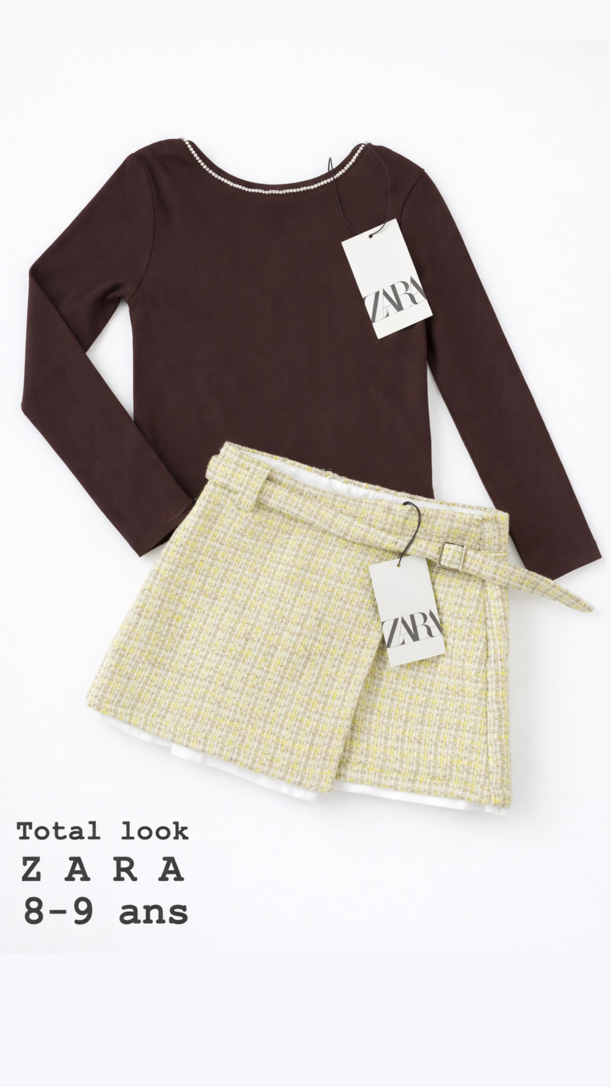 Tenue Aid 9 ans total look ZARA pull côtelé à strass 8-9 ans 131cm avec jupe porte-feuille à ceinture 9 ans 134cm