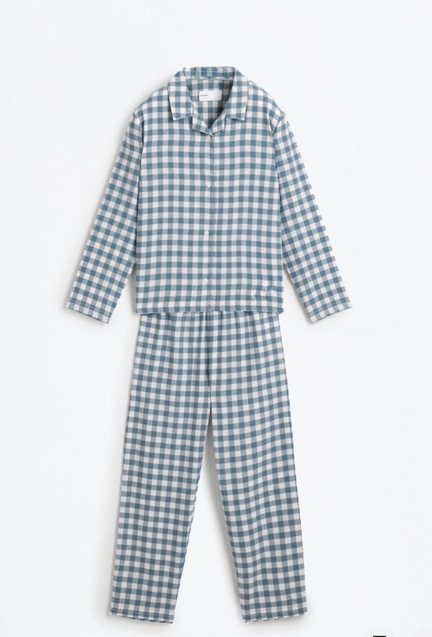 Pyjama Deux Pièces Flanelle Coton Bleu et Blanc Imprimé Vichy Lefties 7-8 ans 128cm