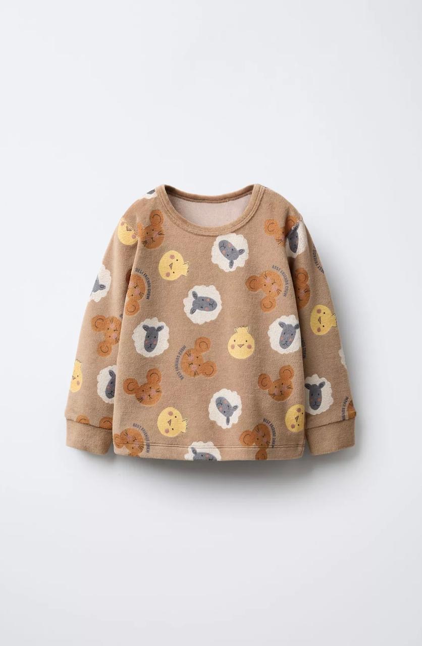 Pyjama Deux Pièces En Velours Imprimé Animaux Marron Zara