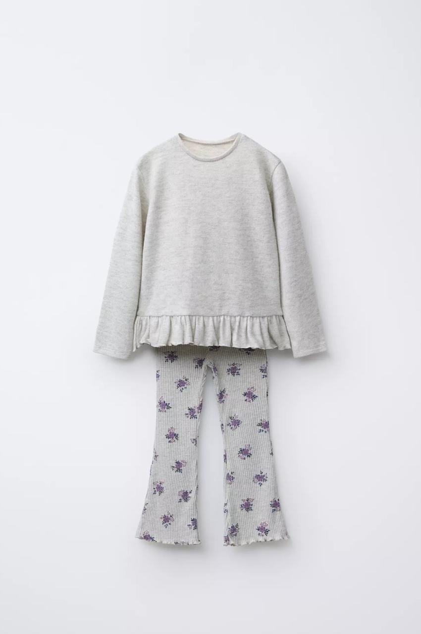 Ensemble 2 Pièces pull À Volants Et Legging Flare En Coton Côtelé Imprimé Fleuri Zara 4 ans 104cm
