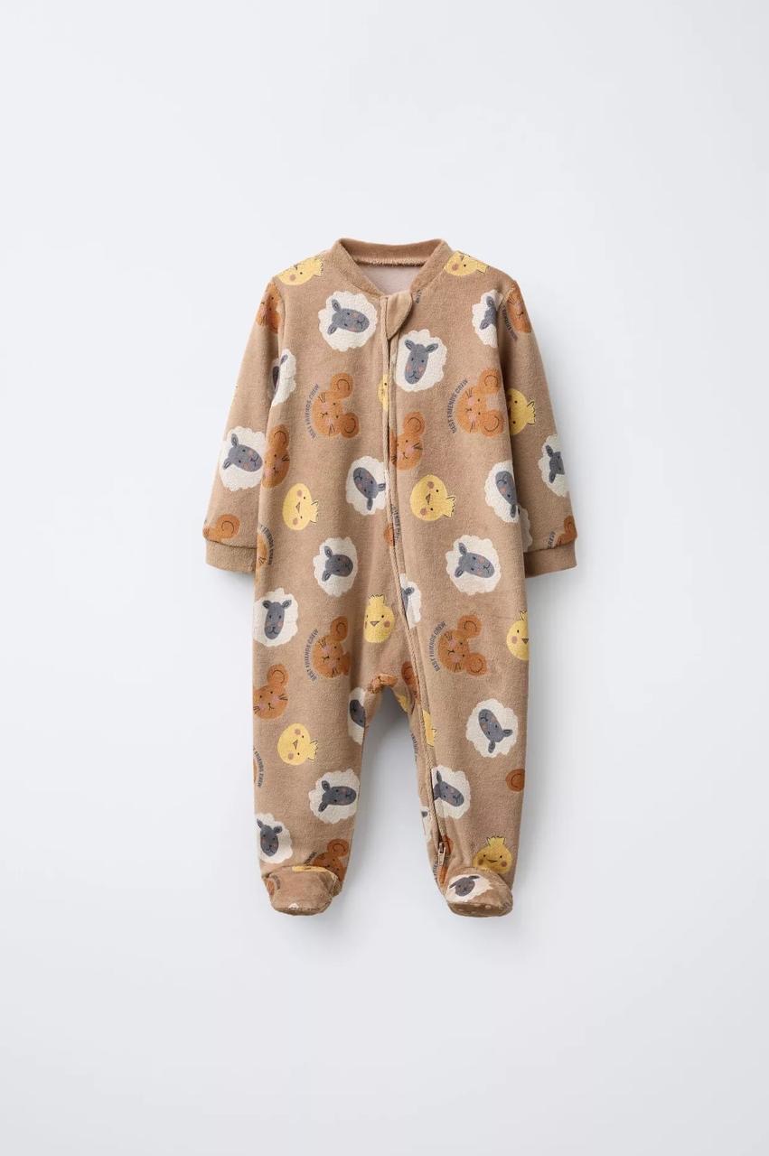 Grenouillère En Velours Zippée Imprimé Animaux Zara 6-9 mois 74cm