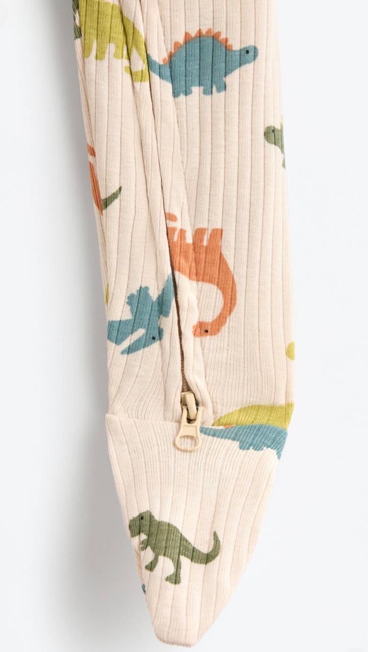 Grenouillère Bébé Coton Côtelé Beige Imprimé Dinosaures Lefties