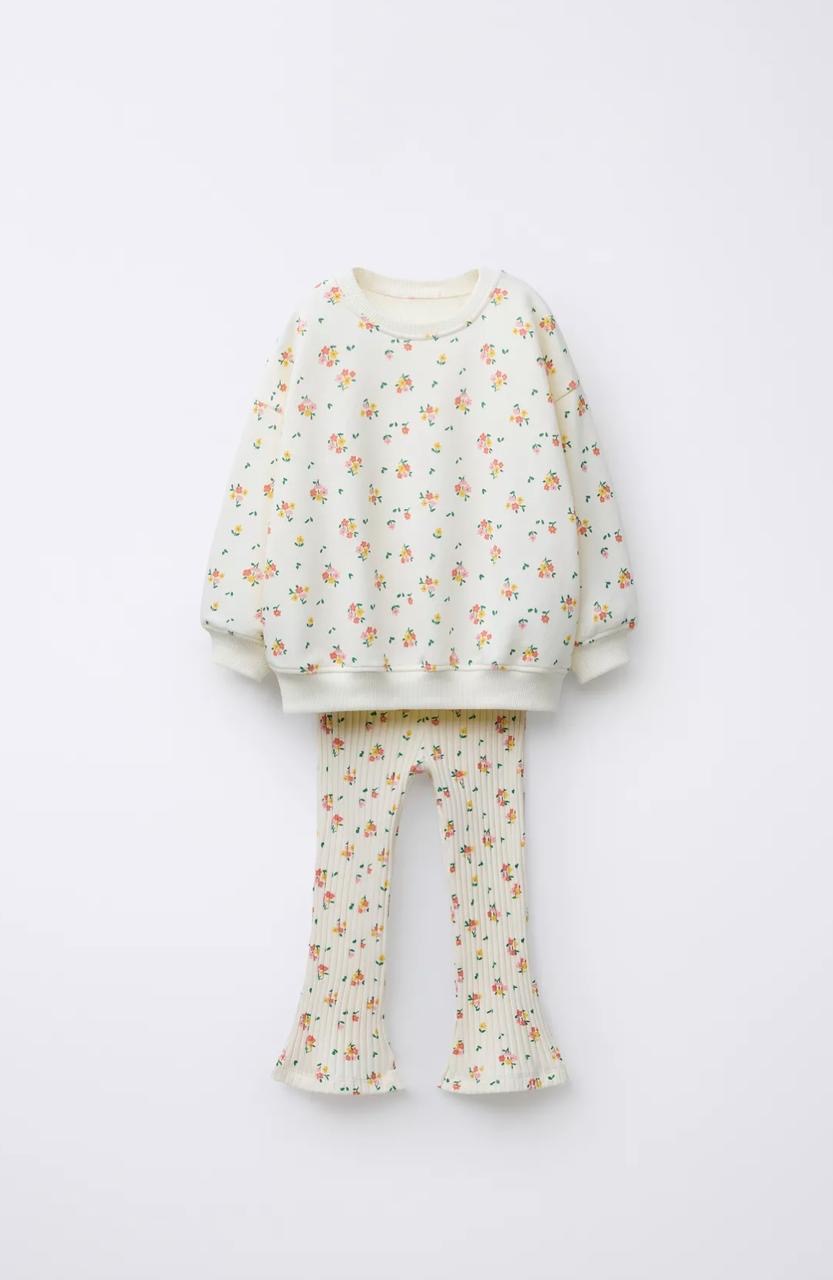 Ensemble 2 Pièces Sweat En Molleton Non Gratté Et Legging Flare En Coton Côtelé Imprimé Fleuri Zara