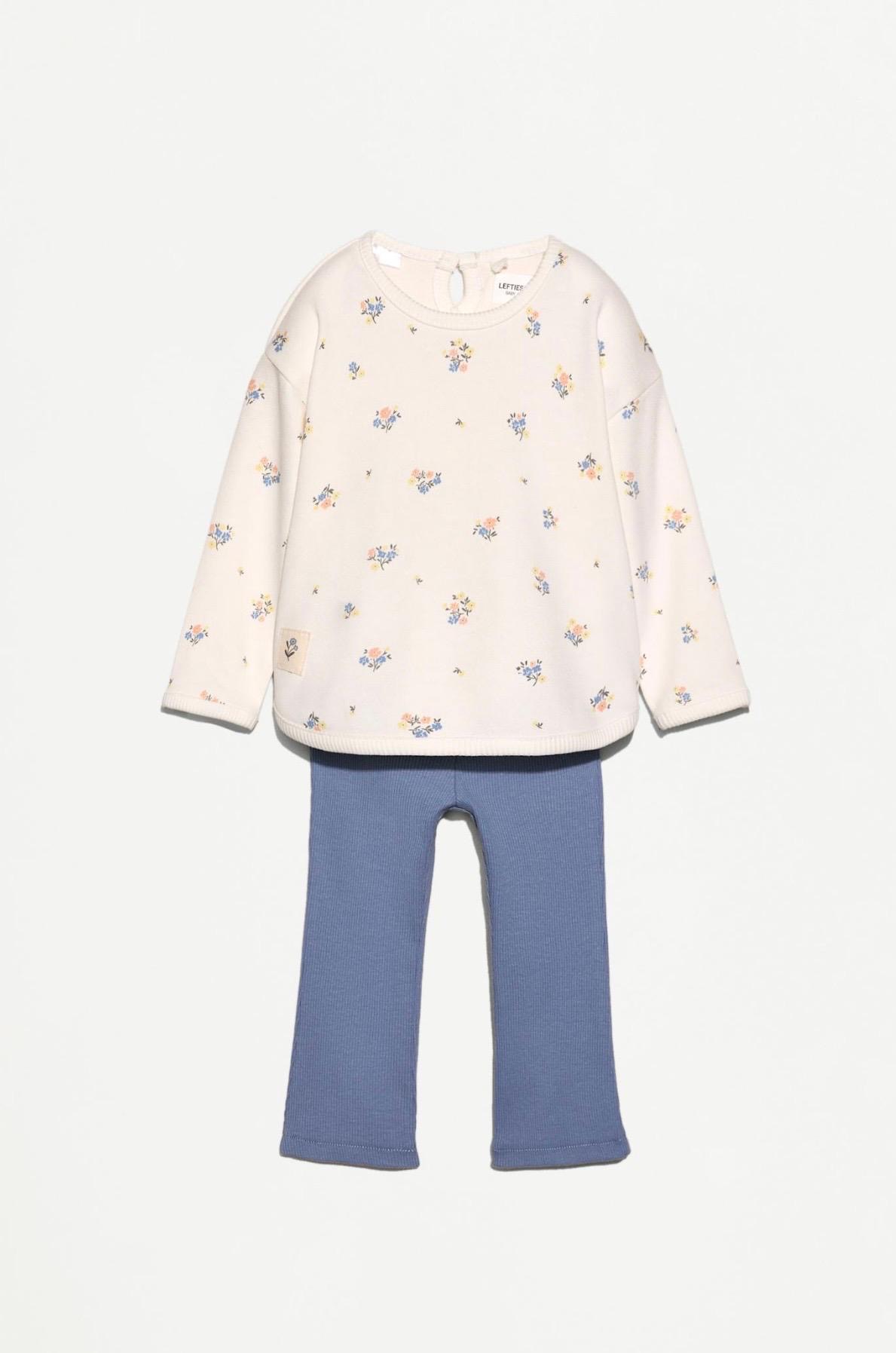 Ensemble 2 Pièces Sweat En Molleton Non Gratté Imprimé Fleuri Et Legging Flare En Coton Côtelé Lefties