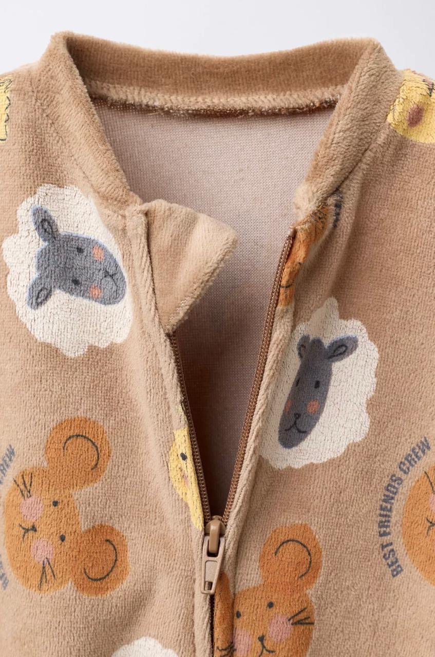 Grenouillère En Velours Zippée Imprimé Animaux Zara 6-9 mois 74cm