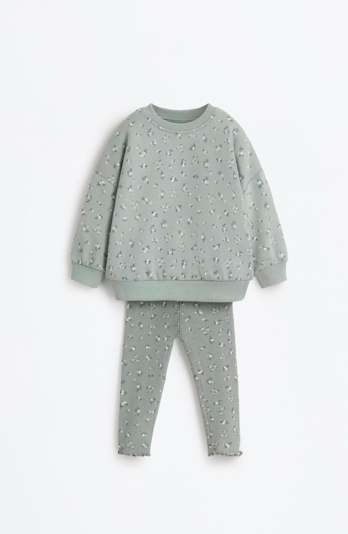 Ensemble 2 Pièces à Fleurs Sweat En Molleton Gratté Et Legging En Coton Côtelé Vert D'Eau Lefties 12-18 mois 86cm